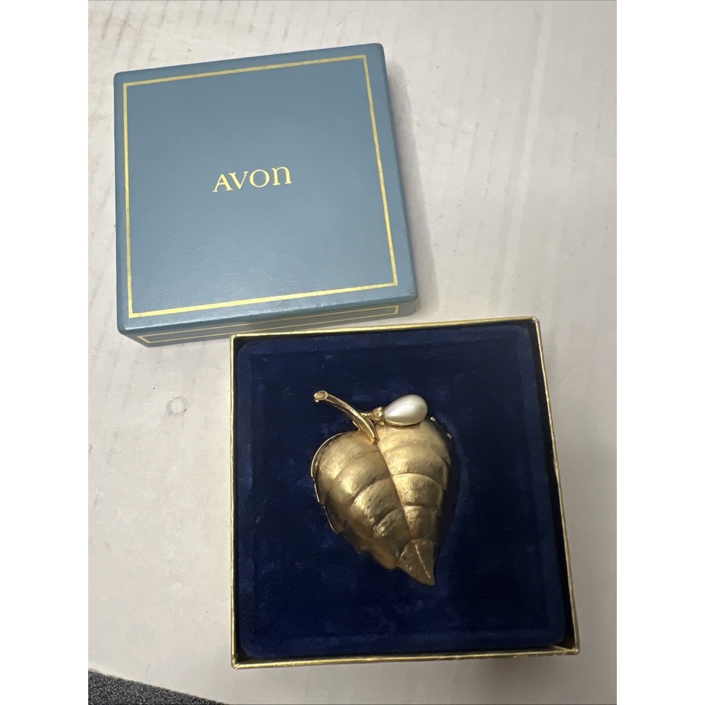 Avon Leaf & Faux Pearl Solid Perfume Pin Case Gold Tone Brooch In Box